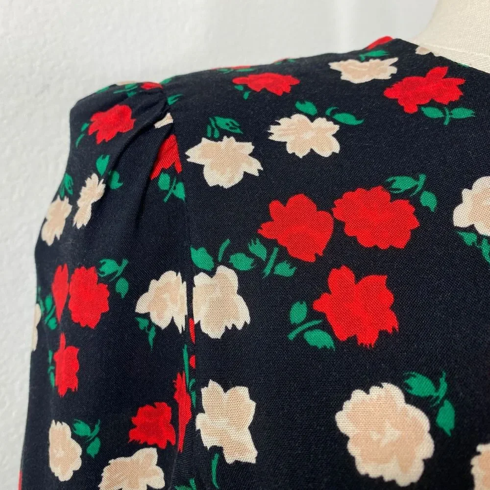 Vtg 80 Drop Waist Layered Skirt Floral Rayon Dress Small Long Sleeve Belt Modest